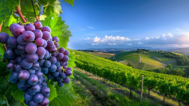A cluster of grapes dangles from a vine in a picturesque vineyard, surrounded by a beautiful natural landscape under a clear sky
