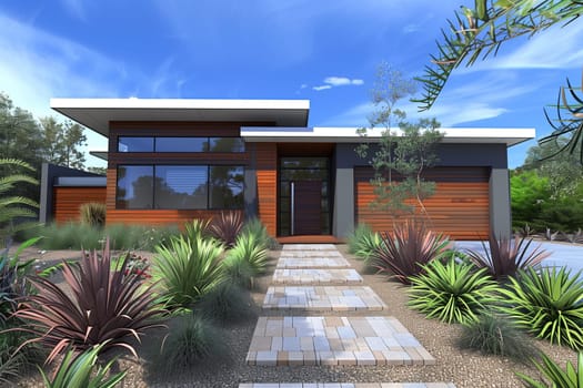 A contemporary-style home with sleek design features, set within a lush garden landscape filled with trees, shrubs, and grass.