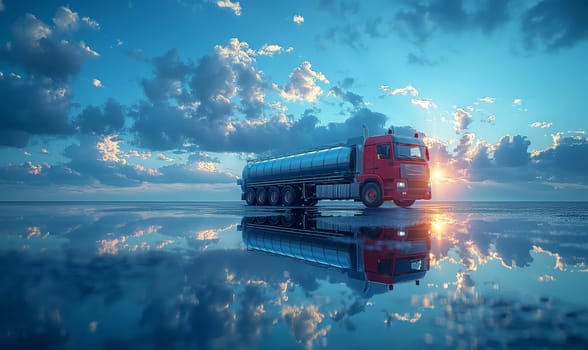 A red double decker bus travels across a large body of water.