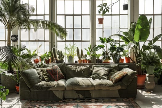 Many potted plants are arranged throughout a living room, filling the space with greenery and freshness.