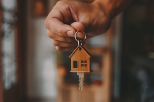 A persons hand holding a key chain in the shape of a house.