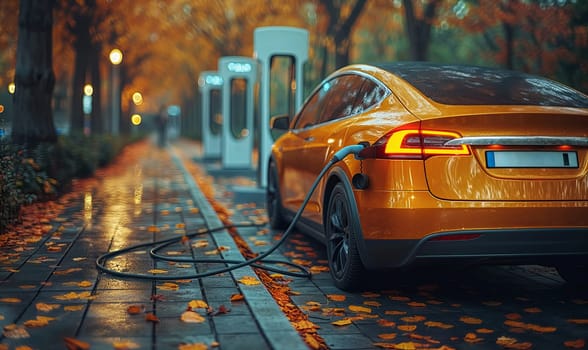 An electric car plugged in to a charging station.