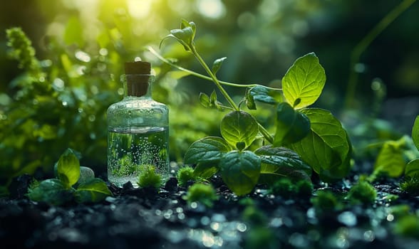 A bottle filled with water placed on a lush green field.