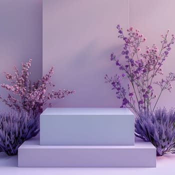 A rectangular wooden podium adorned with violet flowers and twigs in front of a purple hardwood wall, creating a beautiful art display with tints and shades of magenta