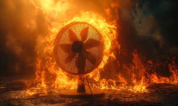 A room with a fan burning fiercely in the center, flames licking the blades.