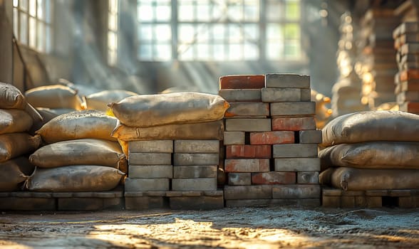 A pile of bricks sits next to a pile of bags.