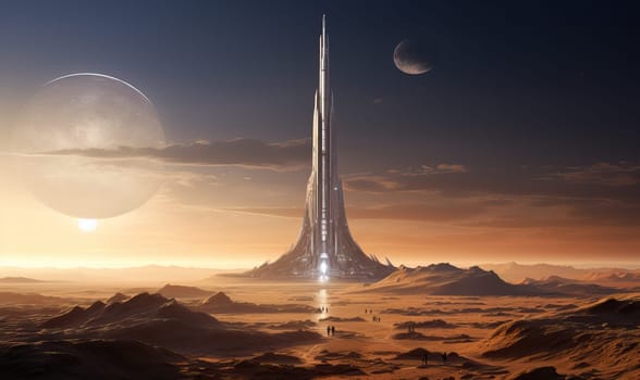 Modern space station under construction in arid desert landscape.