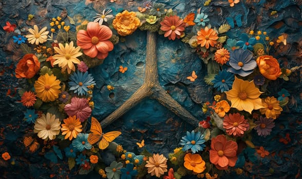 Painting of a peace sign in the center, encircled by various colorful flowers.