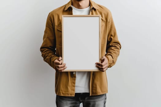 A man standing while holding a white board in his hands. mockup