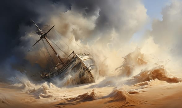 Painting showing a ship fighting waves in stormy waters.