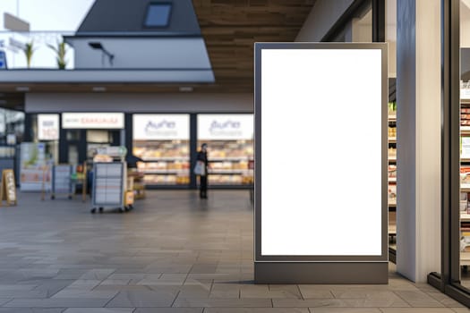 A man stands in the background of a store, with an empty sign in the foreground. mockup