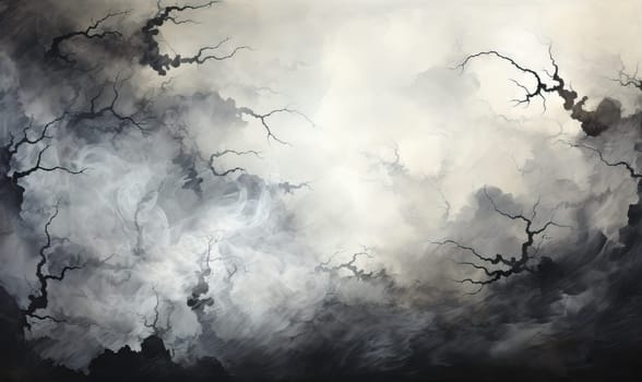 A painting featuring a sky in black and white with abstract clouds.