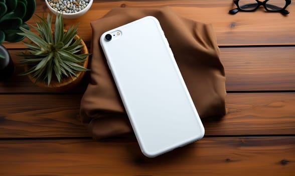A white phone resting on a wooden table.