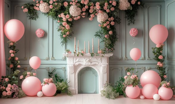 Room adorned with pink balloons and flowers.