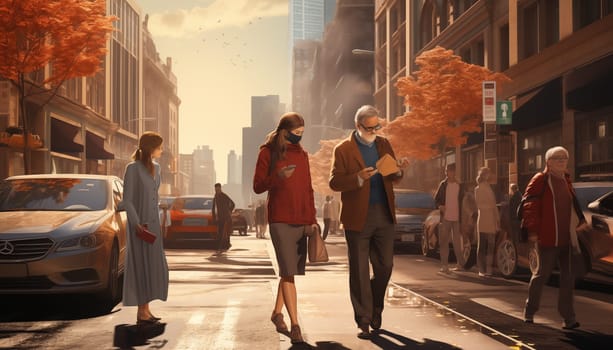 A diverse group of individuals walks animatedly through a bustling city street, guided by an AI assistant. They navigate around various obstacles, embracing the vibrant sights and sounds of the urban landscape.
