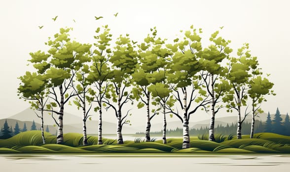 Painting depicting a row of trees standing in a vast field under a clear blue sky.