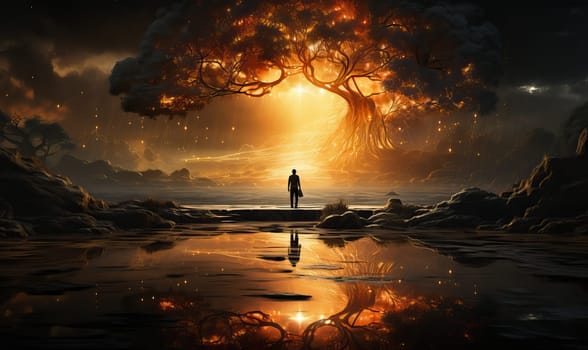 A man standing under a tree, overlooking a body of water.