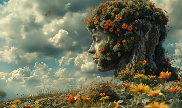 A womans head with flowers growing out of it.