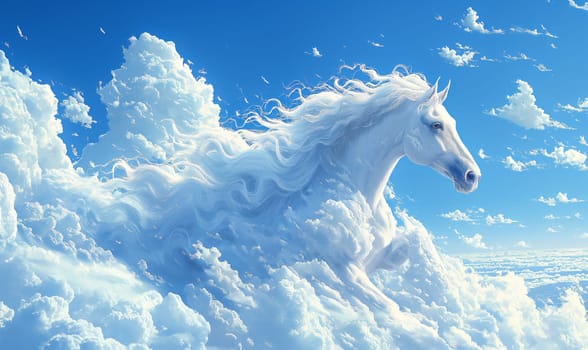 Painting of a white horse surrounded by clouds.