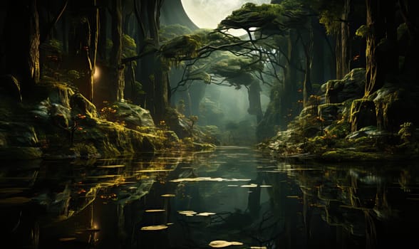 Dark forest with full moon illuminating the scene.