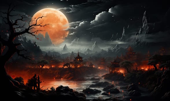 A painting of a dark landscape under a full moon.
