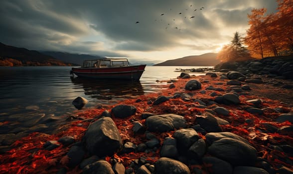 A boat navigates through rocky terrain in a body of water.