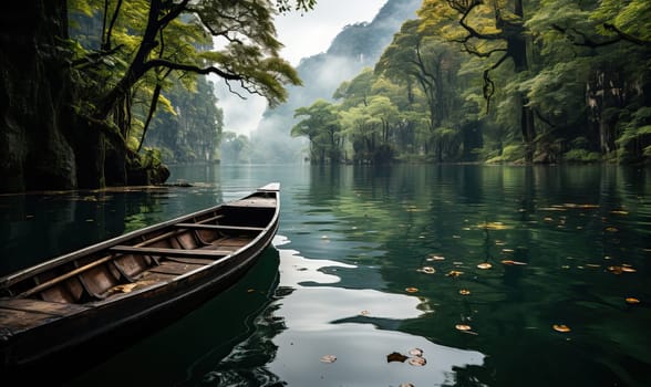 Boat floating on river next to lush green forest.