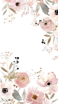A creative arts floral frame featuring pink flowers, green leaves, and delicate petals on a white background. This art piece showcases the beauty of flowering plants in a unique and exquisite pattern
