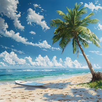 A surfboard rests on the sandy beach alongside a majestic palm tree, under the clear blue skies and fluffy clouds, overlooking the tranquil waters of the ocean