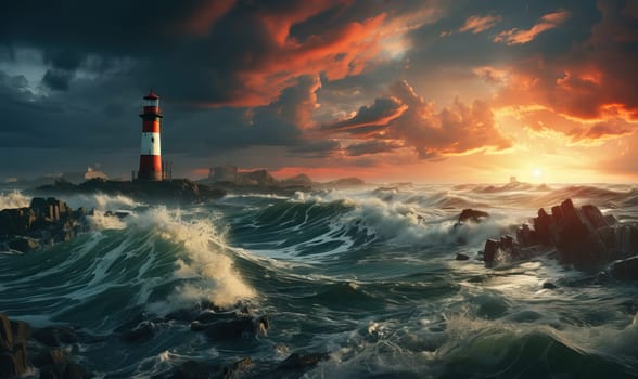 A painting of a lighthouse standing tall amidst turbulent waves in the open ocean.