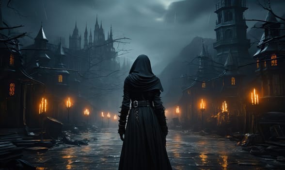 A woman stands in a dark alley wearing a hooded cloak.