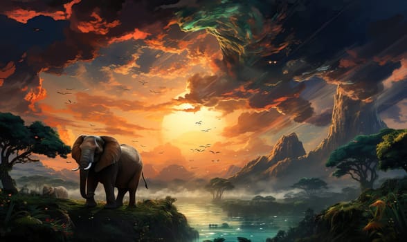 A painting depicting an elephant standing confidently on a hill.