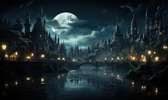 Urban cityscape at night with a lit bridge spanning a river.
