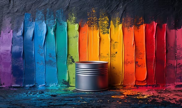 Colorful paint bucket placed in front of vibrant rainbow painted wall.