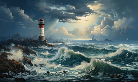 A painting depicting a lighthouse standing tall amidst turbulent ocean waves.