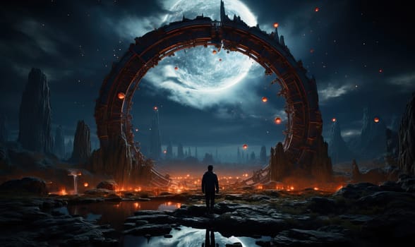 A man stands in front of a massive portal, looking up in awe and wonder.