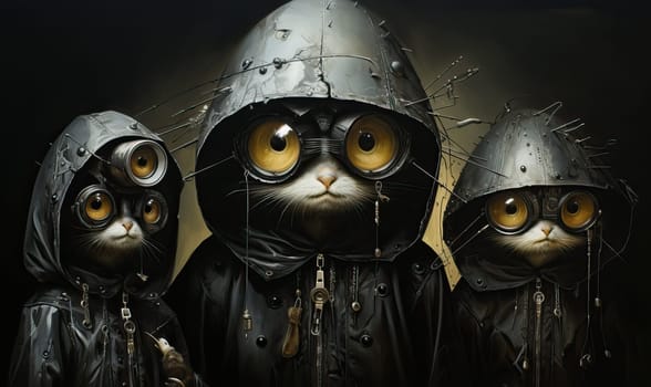 Three black cats with piercing yellow eyes, dressed in matching outfits.