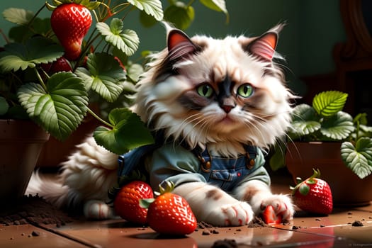 a cat in denim overalls is doing gardening, planting a strawberry bush, with a shovel .