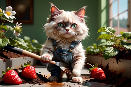 a cat in denim overalls is doing gardening, planting a strawberry bush, with a shovel .