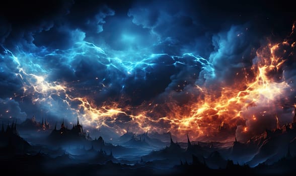 Stormy sky filled with dense clouds and lightning strikes.