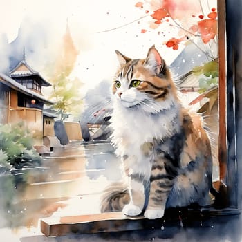 Tranquil Whiskers: Feline Serenity in Japanese Watercolor
