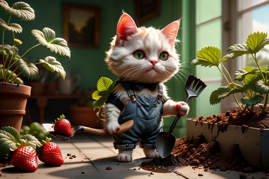 a cat in denim overalls is doing gardening, planting a strawberry bush, with a shovel .