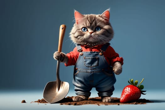 a cat in denim overalls is doing gardening, planting a strawberry bush, with a shovel .