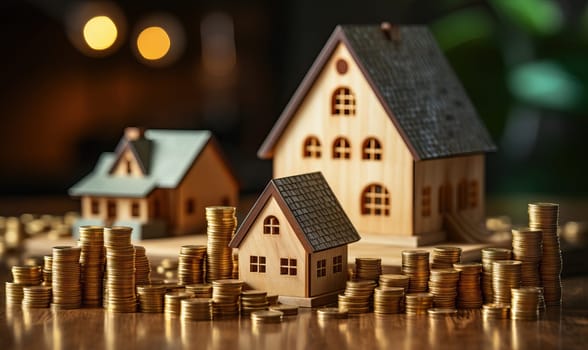 A small house perched on top of a stack of coins.