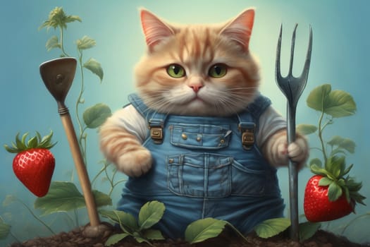 a cat in denim overalls is doing gardening, planting a strawberry bush, with a shovel .