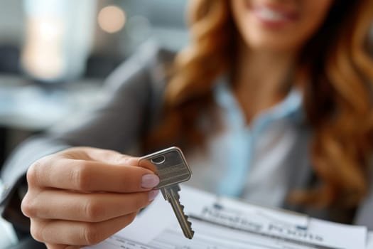 A woman is holding a key and smiling. The key is on a piece of paper. Scene is happy and positive