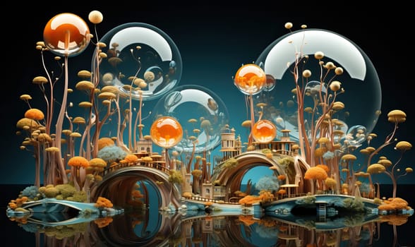 Bubbles float above a modern city skyline in a futuristic setting.