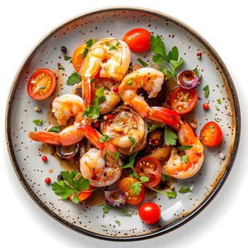 A delicious plate of seafood salad made with shrimp and plum tomatoes, served on white tableware. A fresh and colorful dish perfect for any cuisine