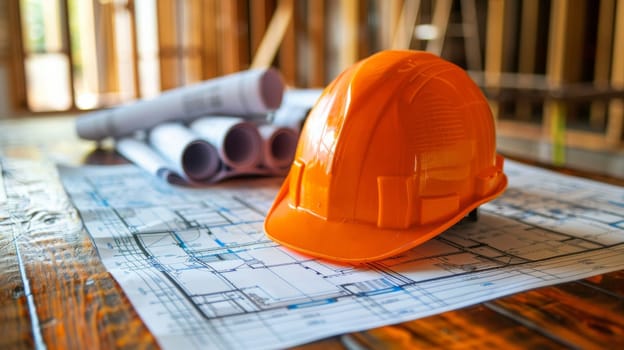 A construction site with a man wearing an orange hard hat and a stack of blueprints. Scene is serious and focused on the task at hand