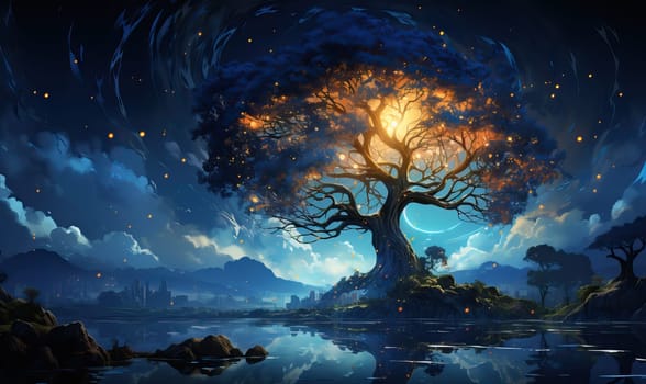 A tree stands tall in the middle of a serene lake.